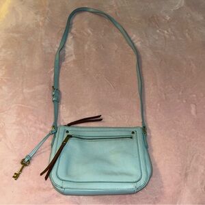 Fossil light blue leather crossbody purse brass key multiple pockets
